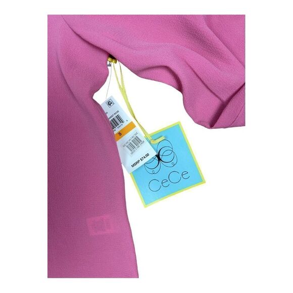 CeCe Bow Tie Cuff 3/4 Sleeves Crepe V Neck Blouse Top Pink Sz S Barbiecore New - Picture 5 of 8